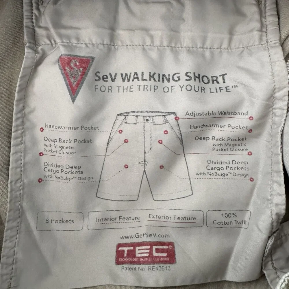 SCOTTeVEST TEC Sev Walking Shorts Men 36 Tan Cargo 8 Pocket Cotton Twill Utility
